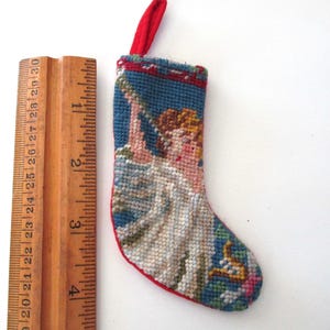 tiny needlepoint Christmas STOCKING ornament -Angel with a horn, dollhouse stocking, mini stocking
