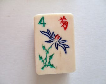 Antique Carved Mah Jongg Tile: Bone & Bamboo, 1920s Flower Design
