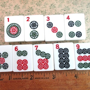 9 Vintage Mah Jongg Tiles: dot tiles 1-9, Chinese, Asian, plastic