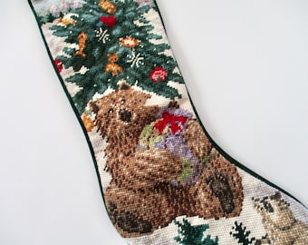 vintage needlepoint CHRISTMAS STOCKING with forest animals  - brown bear, raccoon, woods