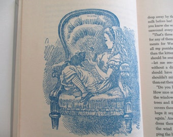 60s vintage book - Through the Looking Glass- Junior Deluxe Editions, Carroll, Tenniel, blue illustrations