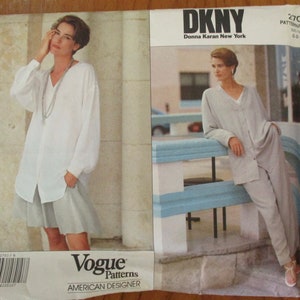 May include: A vintage Vogue Patterns sewing pattern featuring DKNY designs. The pattern includes images of a woman wearing a white oversized shirt and shorts, and a light-colored pantsuit. The pattern number is 2703.