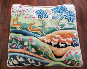 needlepoint PILLOW - garden of flowers, animals, duck pond, shepherd with sheep, vintage throw pillow