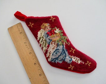 small needlepoint CHRISTMAS STOCKING - angel with basket, petit point, floral, vintage