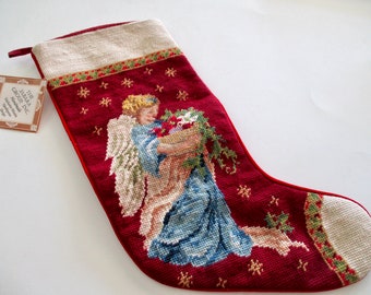 90s needlepoint CHRISTMAS STOCKING with a heavenly angel carrying a basket of flowers - new with tags, petit point, vintage