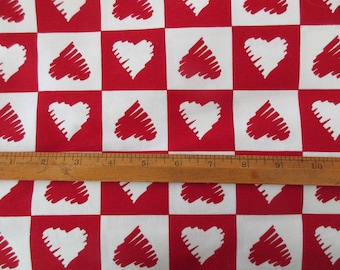 heart cotton fabric - BTY, 1 yd, unused, new, red and white, Valentine's Day, vintage