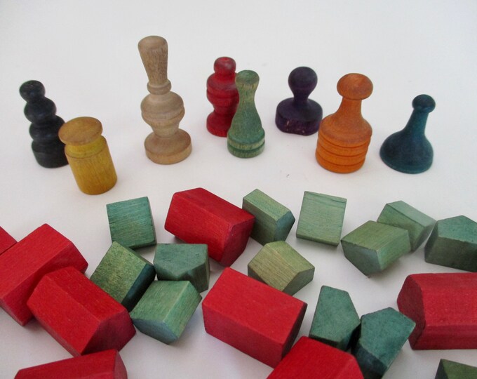 50s 60s Vintage Monopoly Wooden Game Pieces Houses, Hotels, Red, Green