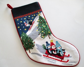 vintage needlepoint CHRISTMAS STOCKING with penguins skiing at night