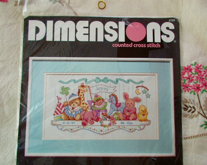 Vintage Toy Shelf Birth Record Counted Crosstitch Kit new in Package