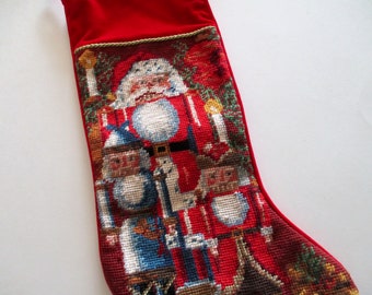 needlepoint CHRISTMAS STOCKING with Santa and 2 nutcrackers, vintage