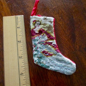 tiny needlepoint Christmas STOCKING ornament -Angel with flowers, gold threads, dollhouse stocking, mini stocking