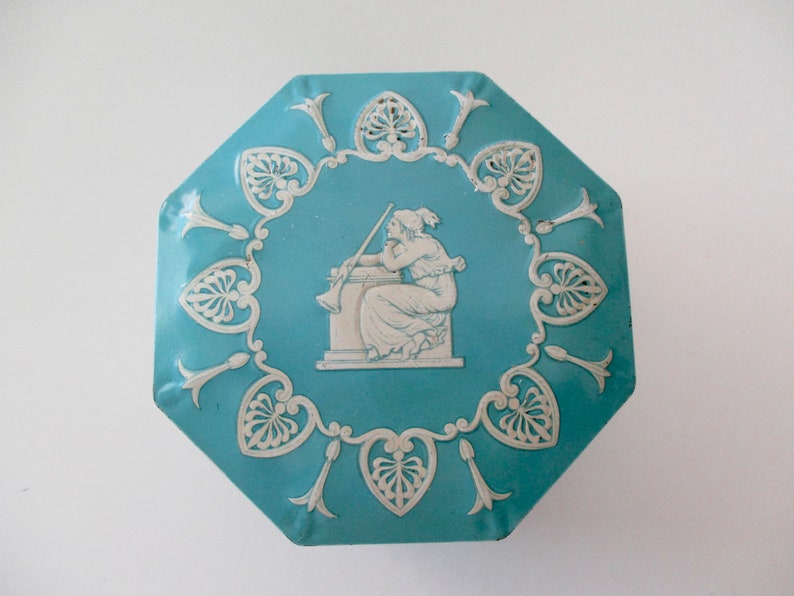 wedgewood blue TIN with hinged lid vintage made in England