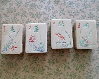 4 antique carved Mah Jongg bone and bamboo tiles - 1920s, Chinese, ancient game, Asian, jewelry making, flower tile