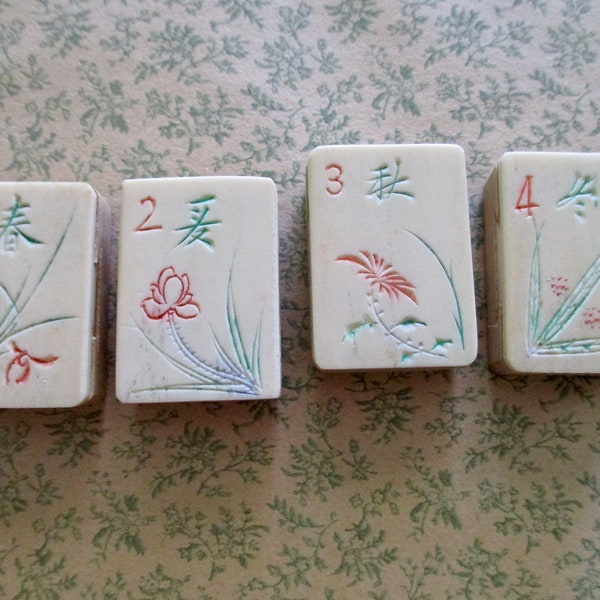 4 antique carved Mah Jongg bone and bamboo tiles - 1920s, Chinese, ancient game, Asian, jewelry making, flower tile