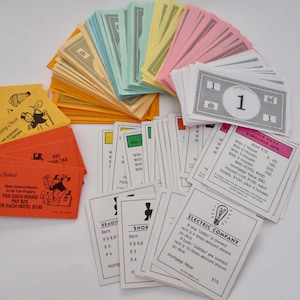 90s vintage Monopoly Game parts -money, cards, property deeds, replacement game pieces