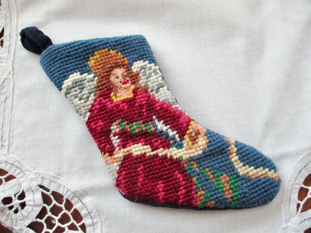 Small Needlepoint CHRISTMAS STOCKING Angel, Petit Point, Vintage Etsy