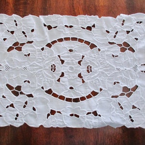 vintage white cotton doily - placemat, hand embroidered, cutout lace work, floral, flowers