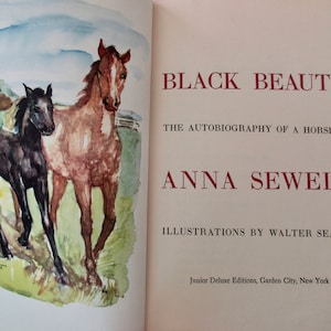50s vintage book Black Beauty- horses, foul, illustrated, Junior Deluxe Editions, Anna Sewell