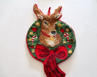 needlepoint CHRISTMAS STOCKING - reindeer head in a wreath, red hearts, candy canes, unique, vintage