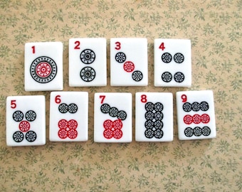 9 thin vintage Mah Jongg tiles: dot tiles 1-9, Chinese, ancient game, Asian, plastic