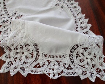 battenburg lace DRESSER scarf- 32" long, white cotton, table runner, vintage