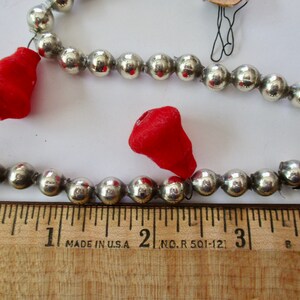69&quot; Mercury GLASS BEAD garland - vintage, 5 1/2ft, Japan, 5/16&quot; beads, silver, flocked red bells