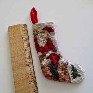 tiny needlepoint Christmas STOCKING ornament - Santa climbing down the chimney, dollhouse stocking, mini stocking