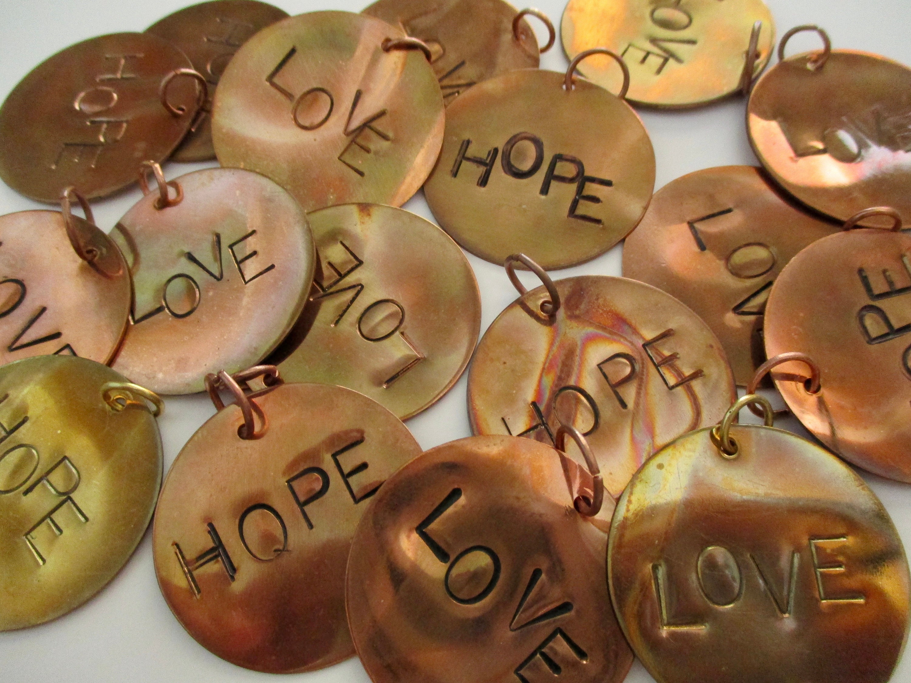 YOUR CHOICE - One (1) Stamped Copper Charm - Love, Hope