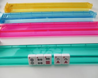 4 vintage Mah Jongg tile trays and 4 pushers - tile holders, replacement game parts, Asian game, plastic