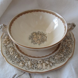 vintage Crown Ducol Florentine floral soup bowl and saucer set - Made in England, 1950s, creamy white, mid century