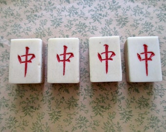 4 antique carved Mah Jongg bone and bamboo tiles - 1920s, Chinese, ancient game, Asian, jewelry making, red dragon