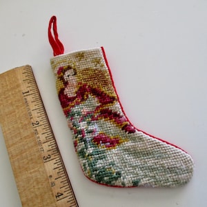 tiny needlepoint Christmas STOCKING ornament -Angel with flowers, gold threads, dollhouse stocking, mini stocking