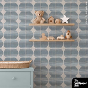 Geometric Wallpaper | Blue Steel Mid-Century Circles | Retro Feature Wall | Peel and Stick or Traditional