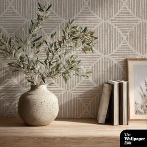 Peut inclure: Un vase en céramique beige moucheté de forme ronde contient une branche d'olivier aux feuilles vertes. À côté, trois livres sont posés verticalement près d'un cadre. Le fond présente un papier peint à motif géométrique blanc sur fond brun.