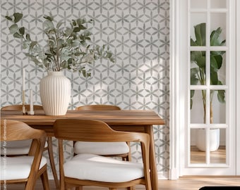 Neutral Sage Gray Geometric Floral Wallpaper | Japandi Beige Stone Trellis | Bathroom Bedroom