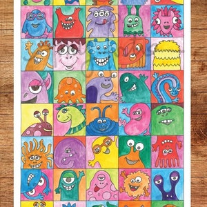 Monsters Coloring Poster - Hand drawn design, 11 x 17 inch, 80# card stock