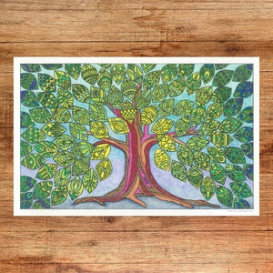 May include: A colorful, detailed illustration of a tree with green, yellow, and blue leaves. The tree trunk is brown, pink, and red. The background is a light blue.