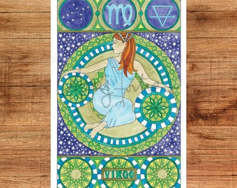 Virgo Coloring Poster - Hand drawn design, 11 x 17 inch, 80# card stock