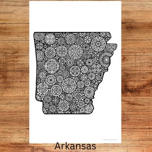 Arkansas Coloring Poster - Hand drawn mandala design, 11 x 17 inch, 80# card stock