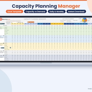 Può includere: Un modello Excel per la gestione della pianificazione della capacità visualizzato sullo schermo di un portatile. L'interfaccia presenta un foglio di calcolo dettagliato con righe per le risorse, colonne per le date e un grafico a torta.