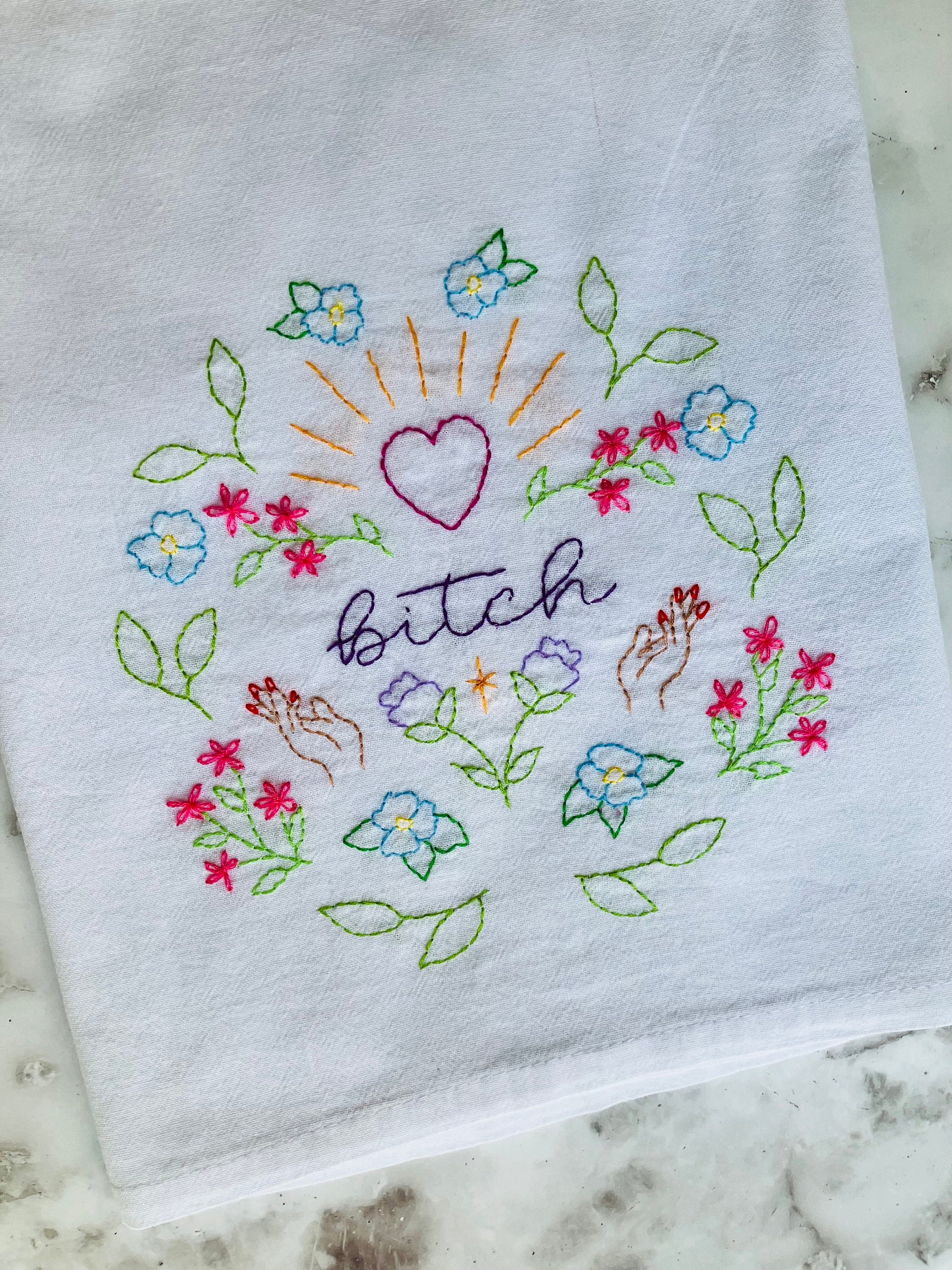 B!tch Hand Embroidered Flour Sack Dish Towel 28x28 - Thumbnail 3