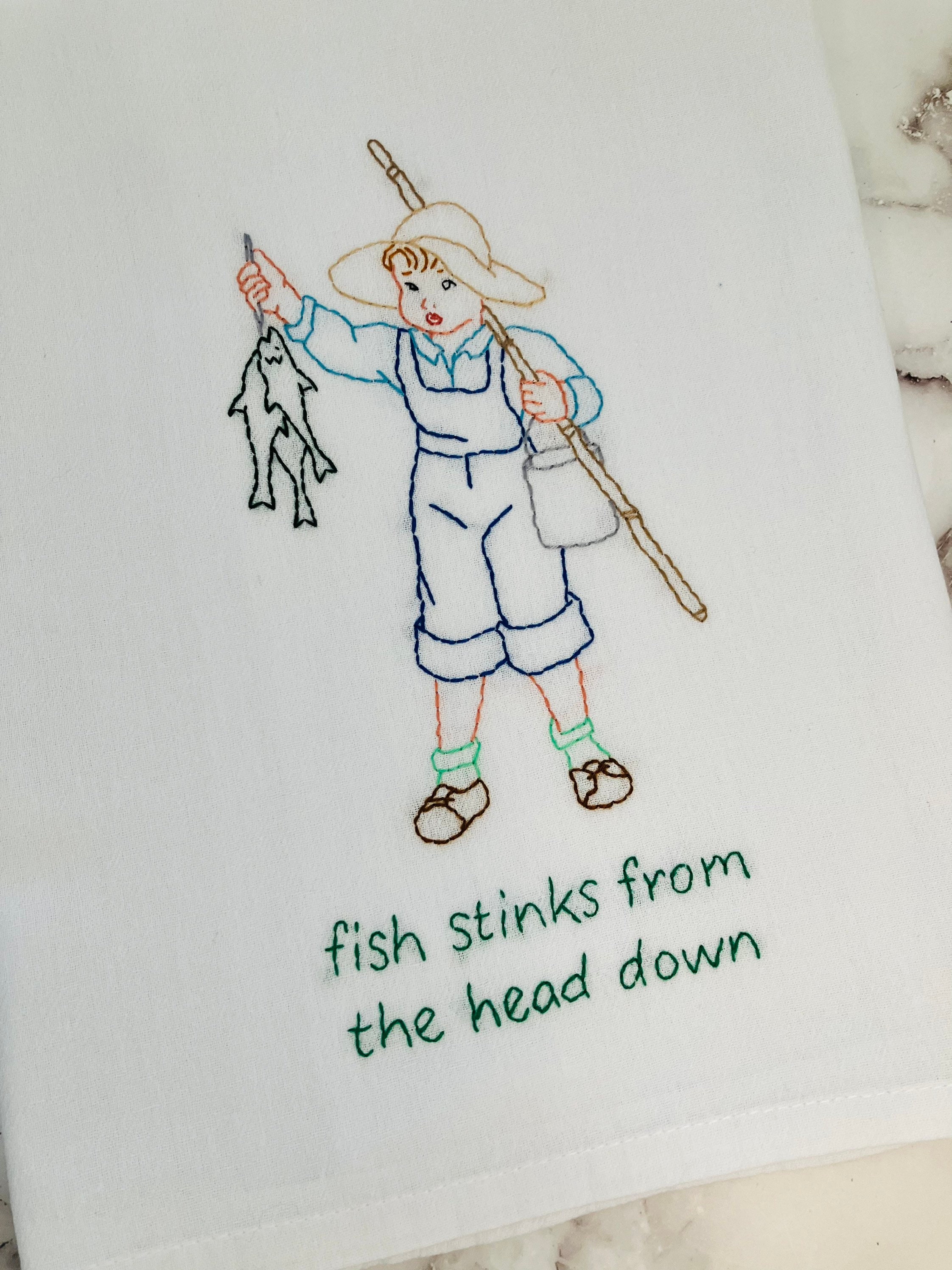 Stinky Fish Hand Embroidered Flour Sack Dish Towel 28x28 - Thumbnail 3