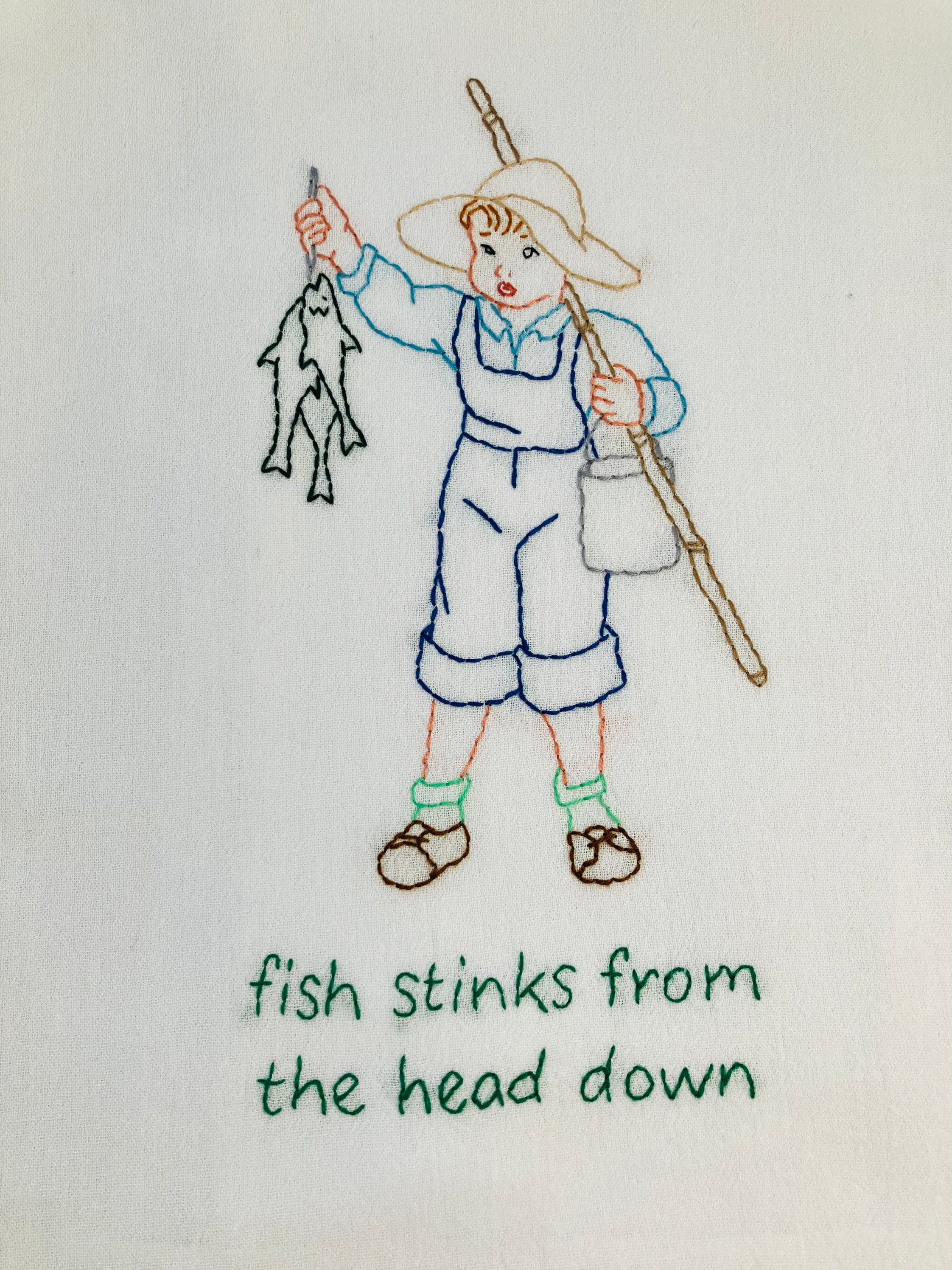Stinky Fish Hand Embroidered Flour Sack Dish Towel 28x28