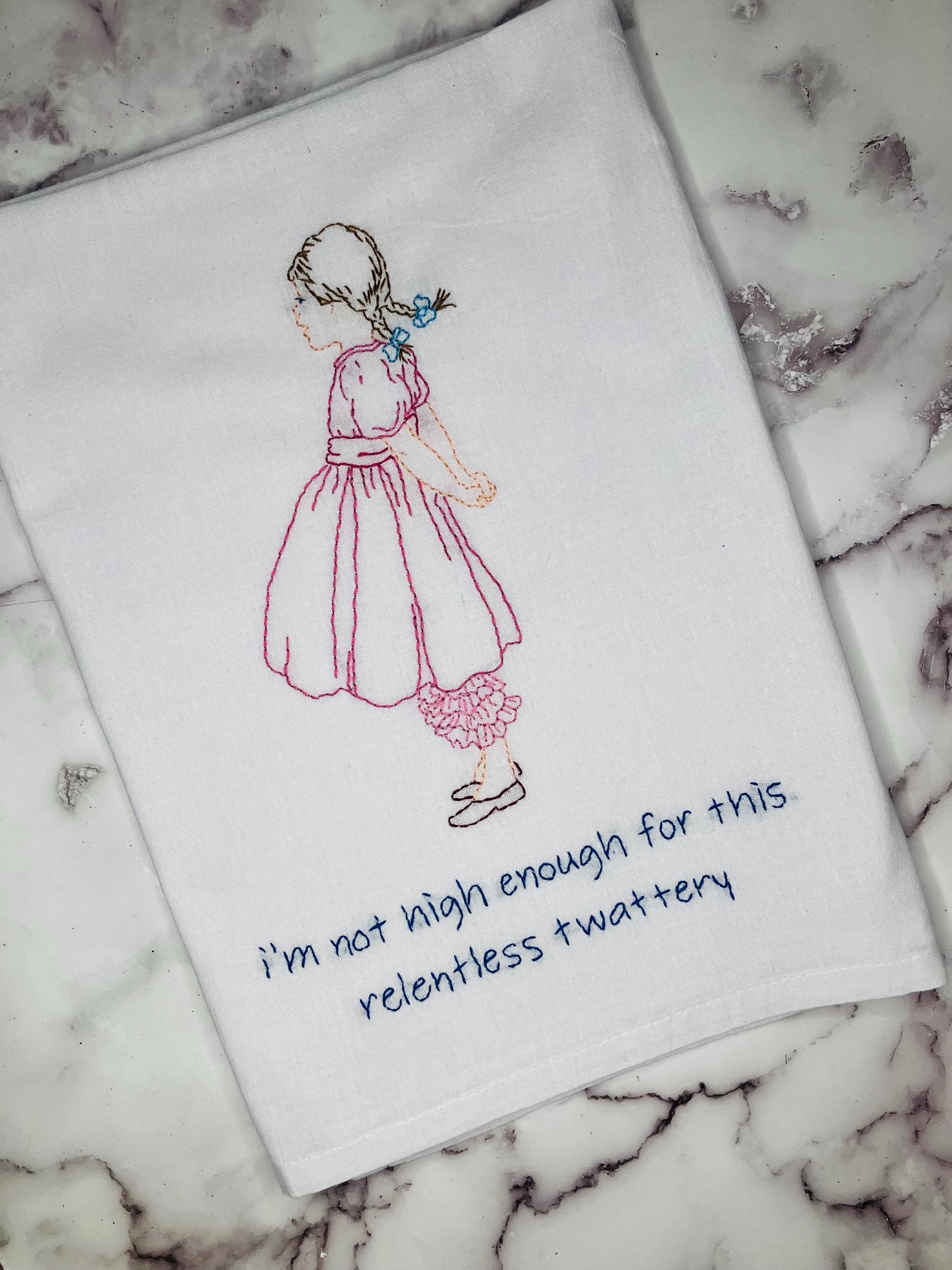 Relentless Twattery Hand Embroidered Flour Sack Dish Towel - Thumbnail 4