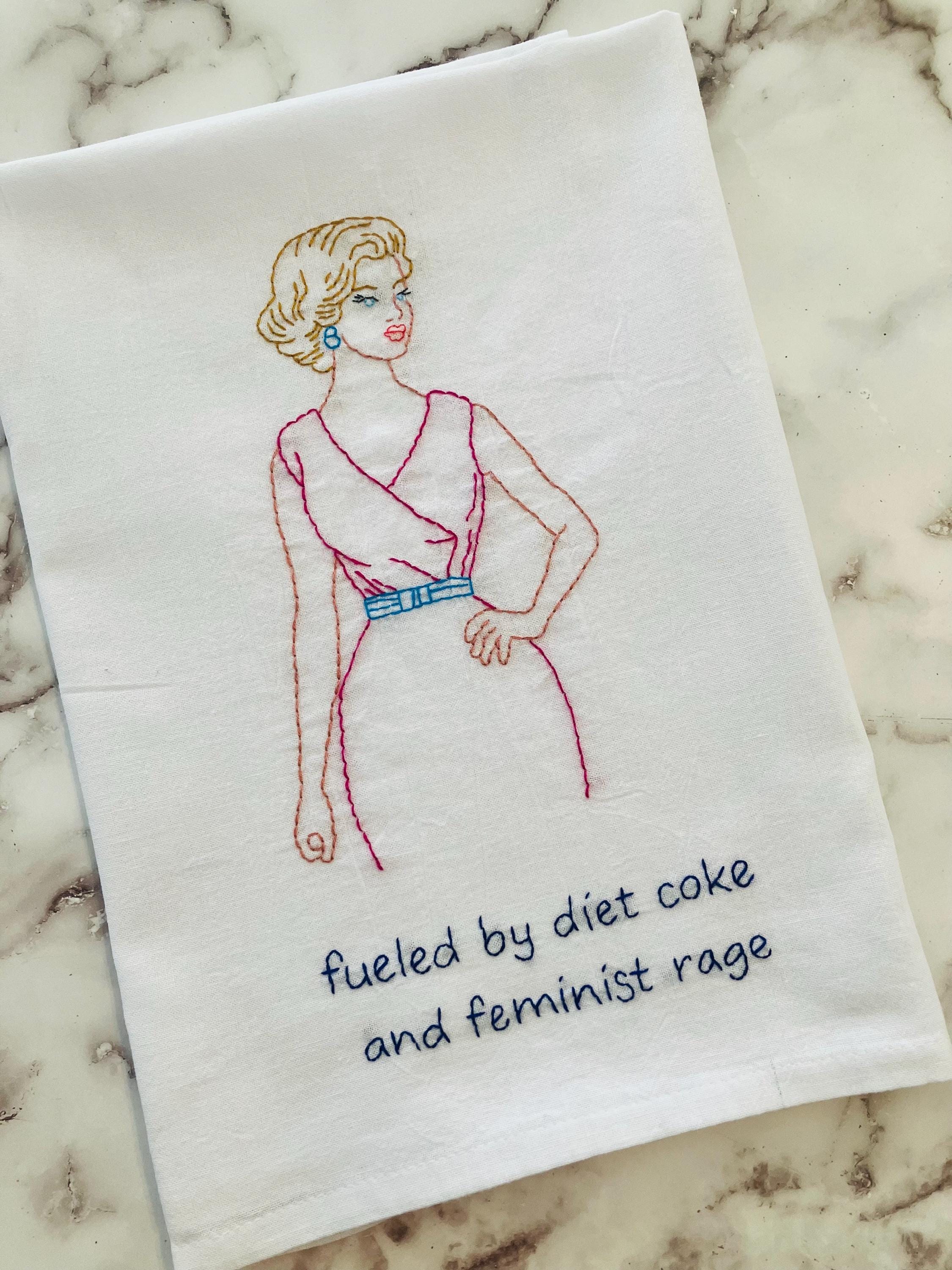 Feminist Rage and Diet Coke Hand Embroidered Flour Sack Dish Towel 28x28 - Thumbnail 4