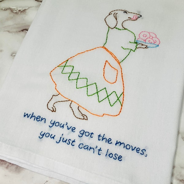 Dachshund in a Dress with Donuts Hand Embroidered Flour Sack Dish Towel 28x28