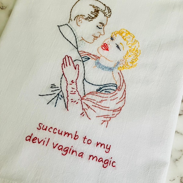 Devil Vagina Magic Hand Embroidered Flour Sack Dish Towel 28x28