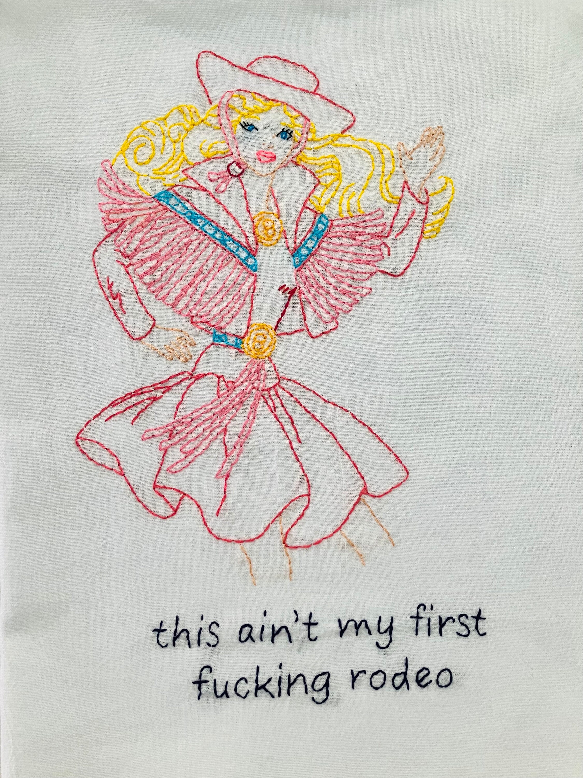 First Rodeo Hand Embroidered Flour Sack Dish Towel 28 x 28 - Thumbnail 3