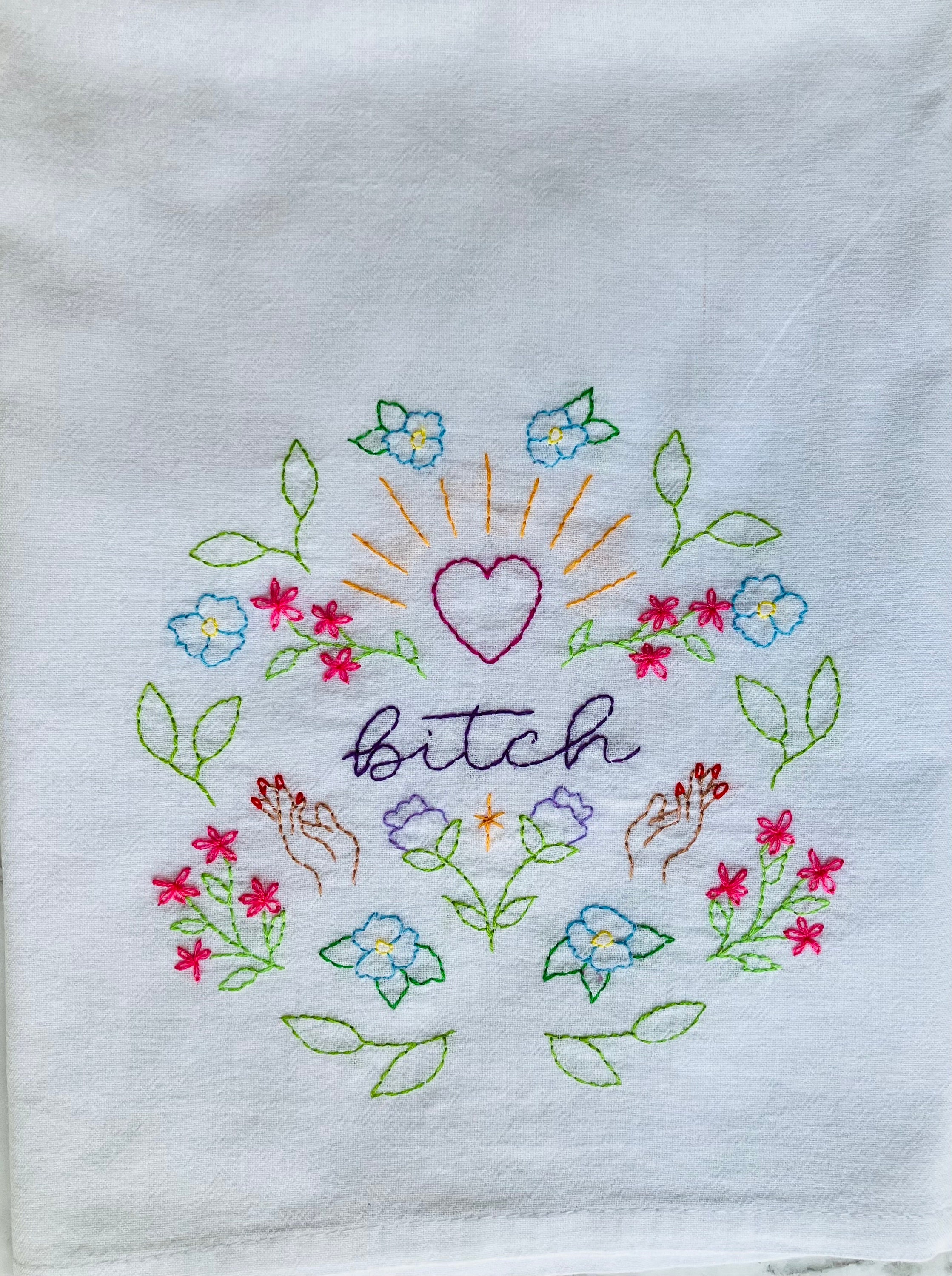 B!tch Hand Embroidered Flour Sack Dish Towel 28x28 - Thumbnail 2