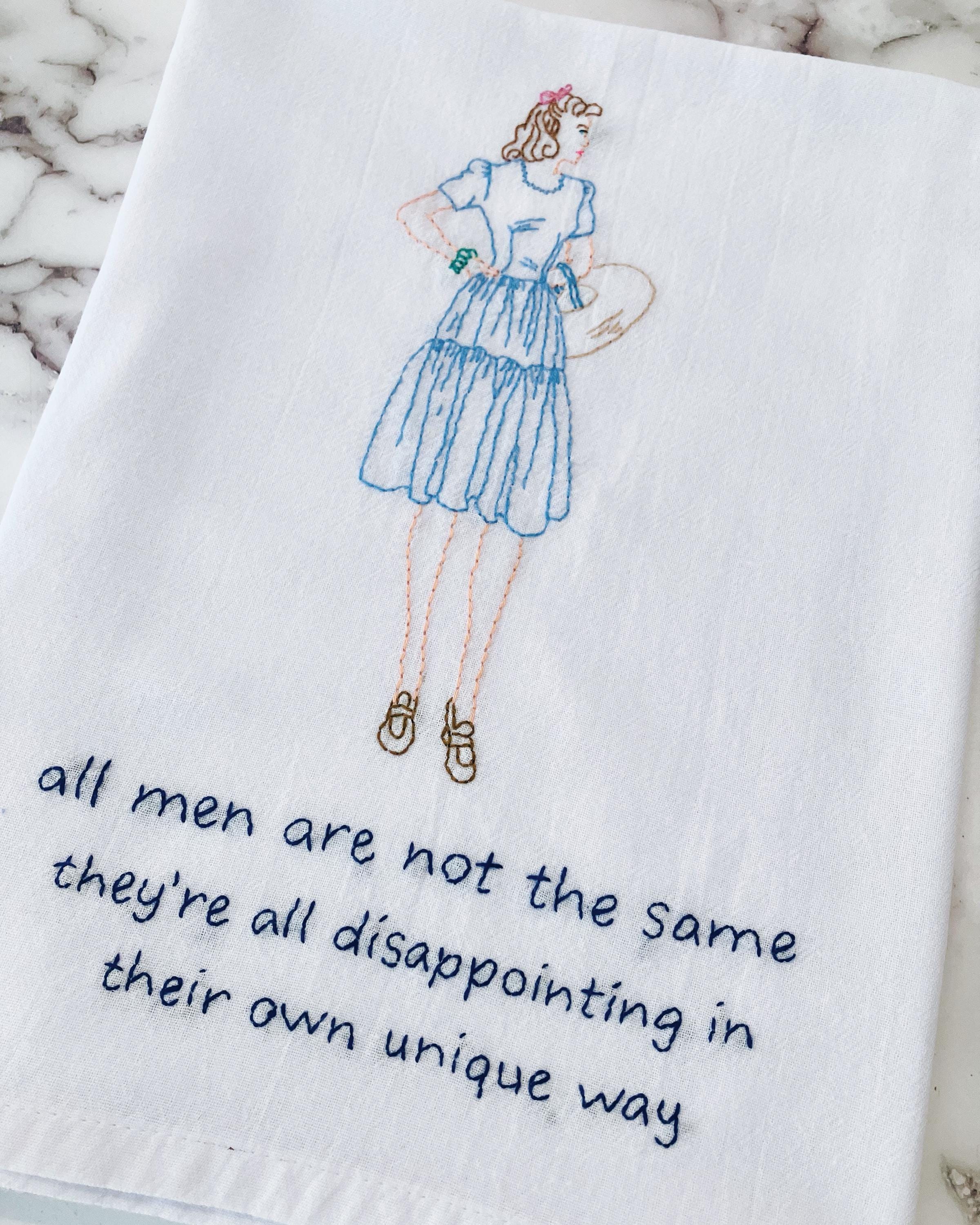 All Men Hand Embroidered Flour Sack Dish Towel 28x28 - Image 1